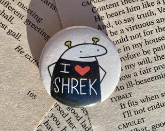 Botón o pin con la insignia del álbum con temática de Shrek