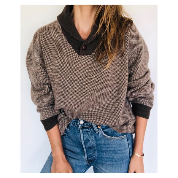 brown/cream shawl collar oversized vintage sweater