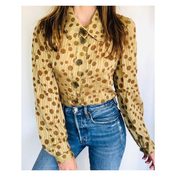 split pea silk blouse with moss velvet polka dots