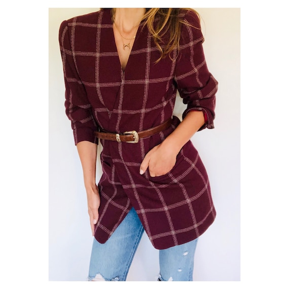 90s oversized burgundy windowpane plaid blazer