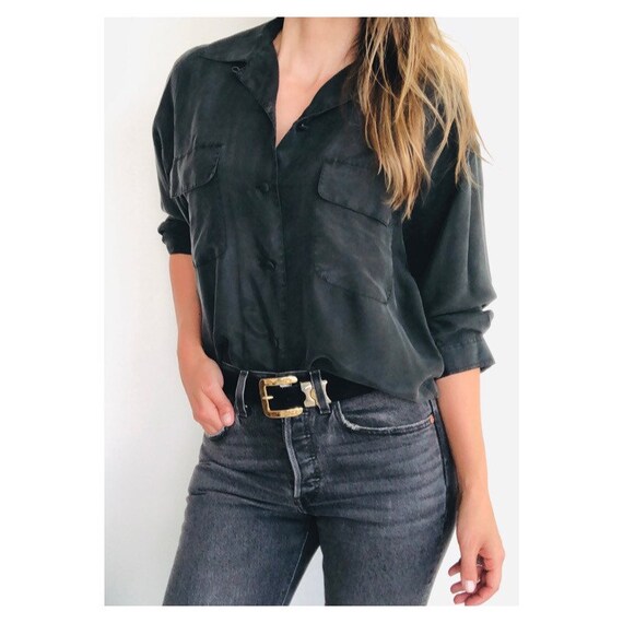 Incredible dusty/off black minimalist silk blouse