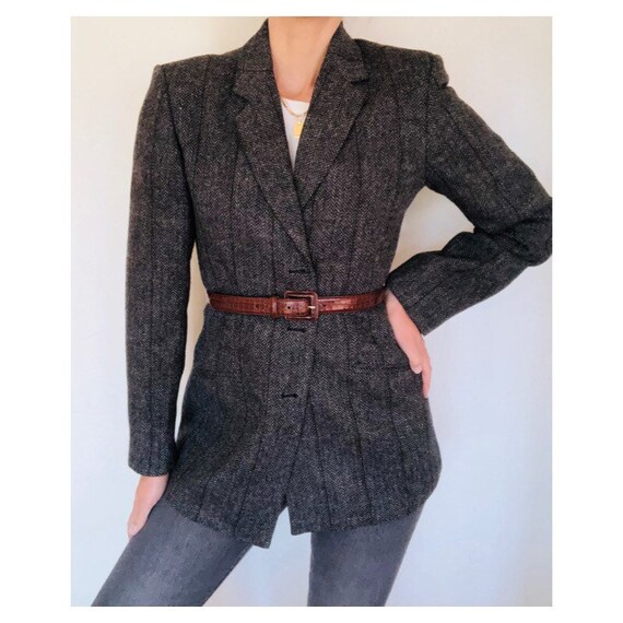 charcoal herringbone blazer with espresso windowpa