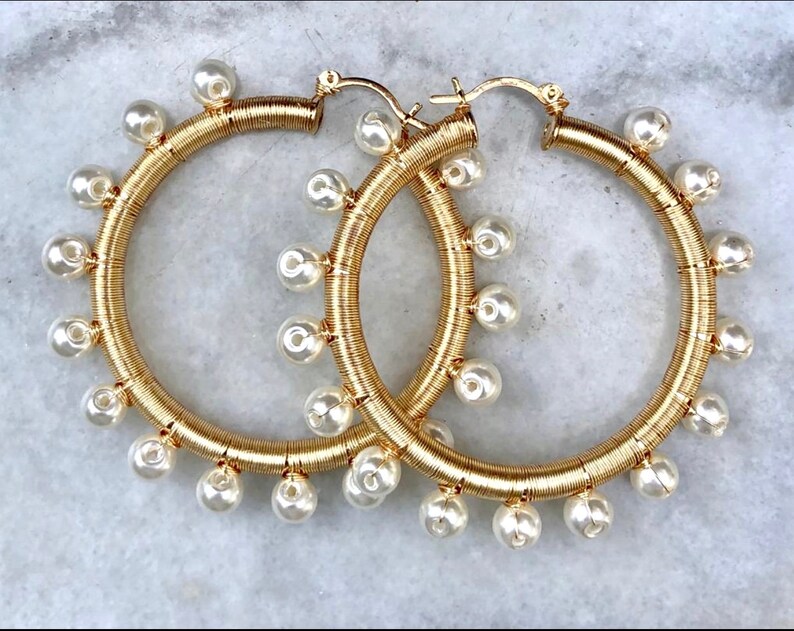 Wire wrapped Pearl Hoops Pearl Earrings Small Hoops Medium Etsy