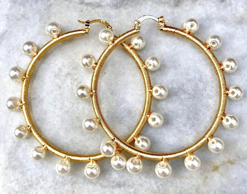 Wire wrapped Pearl Hoops Pearl Earrings Small Hoops Medium Etsy