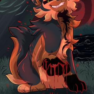 Puede incluir: Una ilustraci&oacute;n digital de un animal negro y naranja con una sonrisa amenazante. El animal tiene sangre goteando de su boca y su pata. El fondo es un bosque oscuro con acentos rojos y verdes.