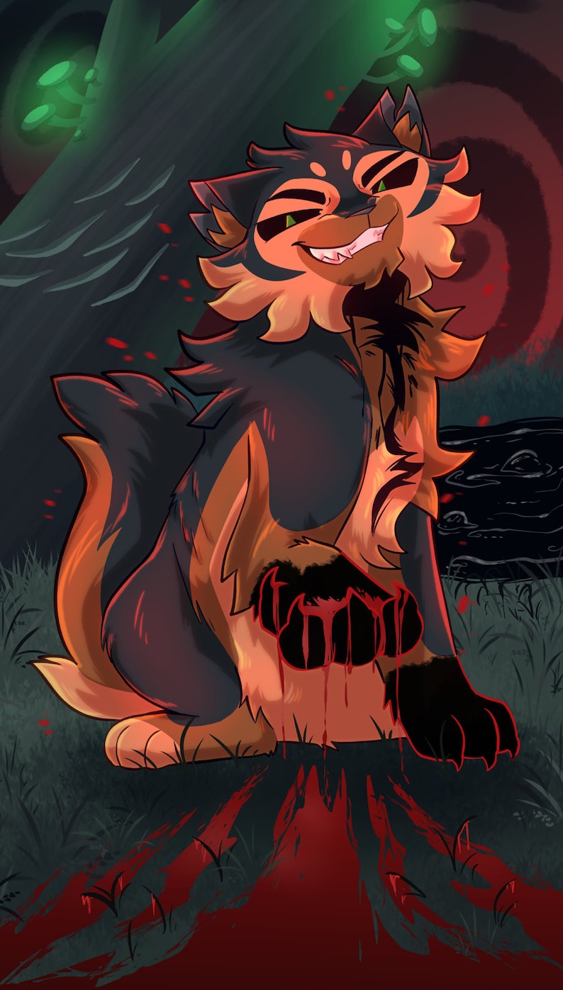 Puede incluir: Una ilustraci&oacute;n digital de un animal negro y naranja con una sonrisa amenazante. El animal tiene sangre goteando de su boca y su pata. El fondo es un bosque oscuro con acentos rojos y verdes.
