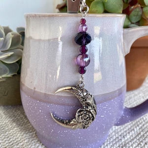 Silver Crescent Moon with Rose Tea Steeper Tea Infuser with Purple Glass Beads
