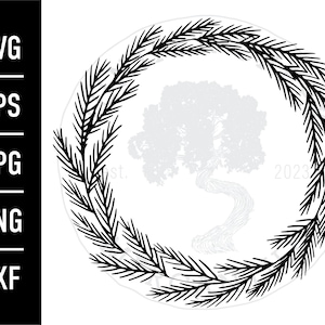 May include: Black and white digital design featuring a circular wreath of stylized evergreen branches. The design includes a tree silhouette in the center and a list of file formats: SVG, EPS, JPG, PNG, and DXF.