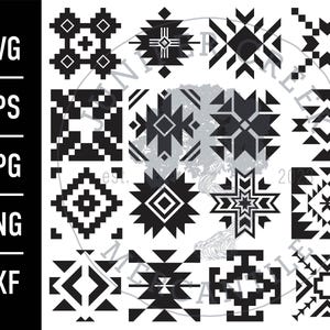 May include: A collection of black and white geometric designs, including squares, diamonds, and starburst patterns. The image also includes the text "SVG, EPS, JPG, PNG, DXF" on the left side, indicating file formats.