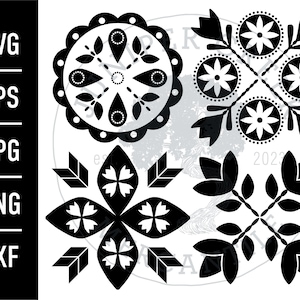 Scandinavian Folk Flower Design Bundle of 4 | SVG | Printable JPG files