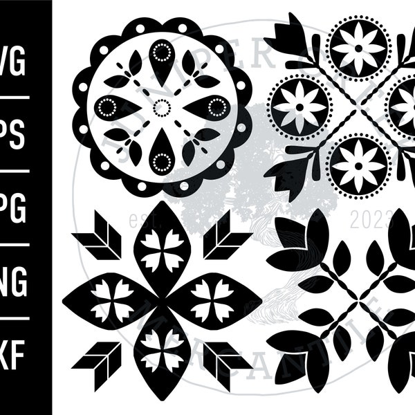 Scandinavian Folk Flower Design Bundle of 4 | SVG | Printable JPG files