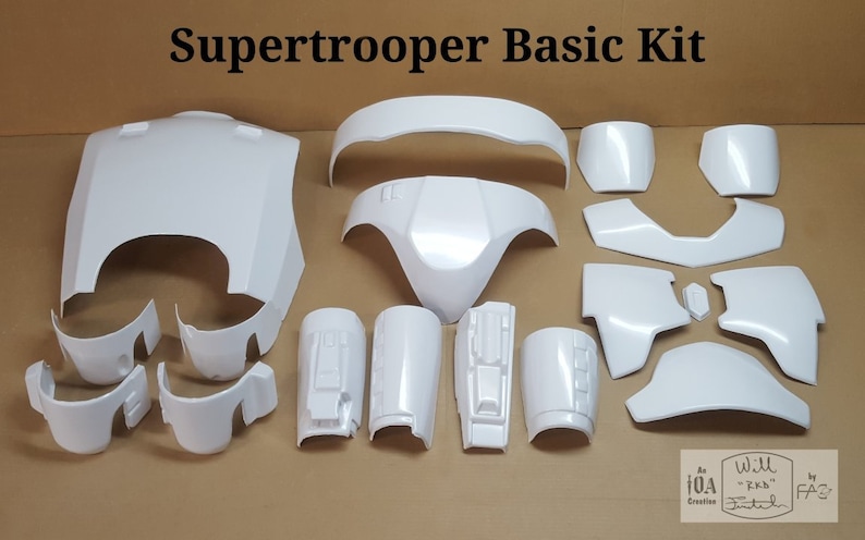 May include: A white plastic Supertrooper Basic Kit for cosplay. The kit includes 14 pieces, including the chest, back, shoulders, arms, and legs.