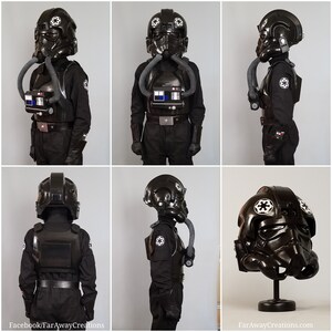 Puede incluir: Un casco de piloto de caza TIE de Star Wars negro y blanco con una placa de pecho negra y blanca y pantalones negros. El casco tiene una visera negra y un s&iacute;mbolo blanco en el lateral. La placa de pecho tiene un s&iacute;mbolo negro y blanco en la parte delantera. Los pantalones tienen un cintur&oacute;n negro.