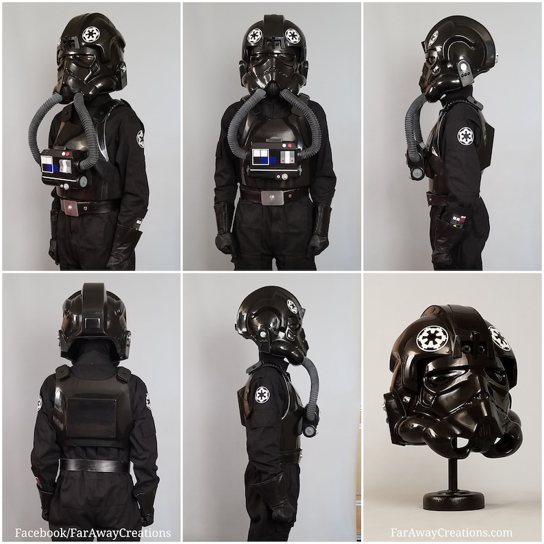 Puede incluir: Un casco de piloto de caza TIE de Star Wars negro y blanco con una placa de pecho negra y blanca y pantalones negros. El casco tiene una visera negra y un s&iacute;mbolo blanco en el lateral. La placa de pecho tiene un s&iacute;mbolo negro y blanco en la parte delantera. Los pantalones tienen un cintur&oacute;n negro.