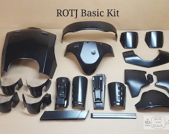 May include: A black plastic kit for a Star Wars costume. The kit includes pieces for the chest, arms, legs, and head. The kit is labeled "ROTJ Basic Kit".