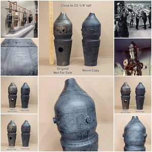 Puede incluir: Dos réplicas de resina negra de un objeto metálico vintage de estilo industrial, de aproximadamente 59 cm de alto. El objeto original también se muestra, etiquetado como "No se vende".