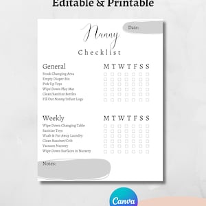 Lista di controllo della tata / Lista di controllo della babysitter / Lista di controllo dell&#39;assistente / Lista delle cose da fare