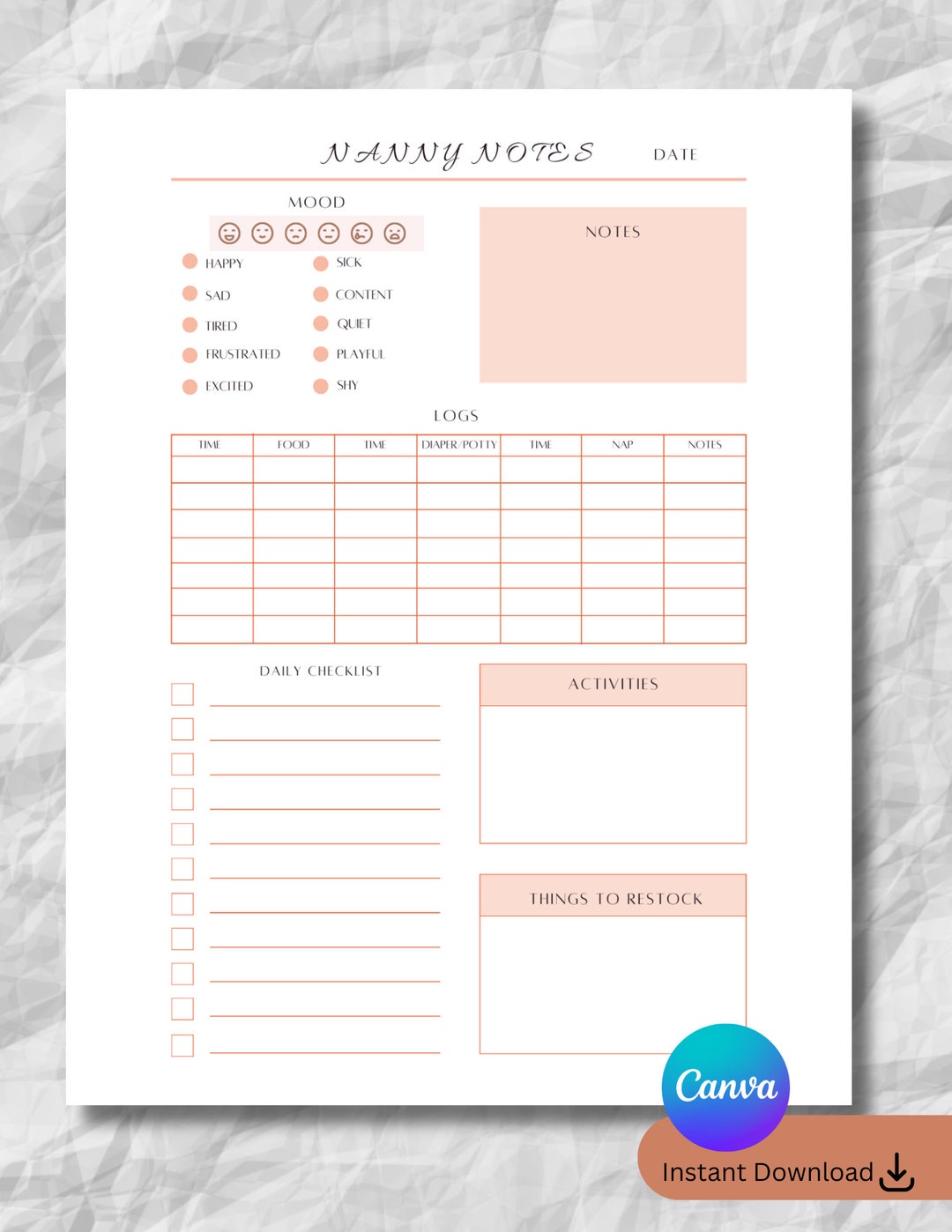 Nanny Notes | Nanny Log | Babysitter Notes | Au Pair Log | Nanny Report ...