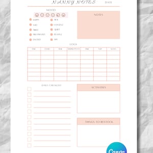 Nanny Notes | Nanny Log | Babysitter Notes | Au Pair Log | Nanny Report
