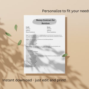Nanny Contract | Babysitter Contract | Caregiver Contract | Agreement Worksheet