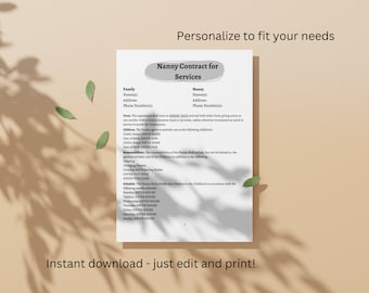 Nanny Contract | Babysitter Contract | Caregiver Contract | Agreement Worksheet