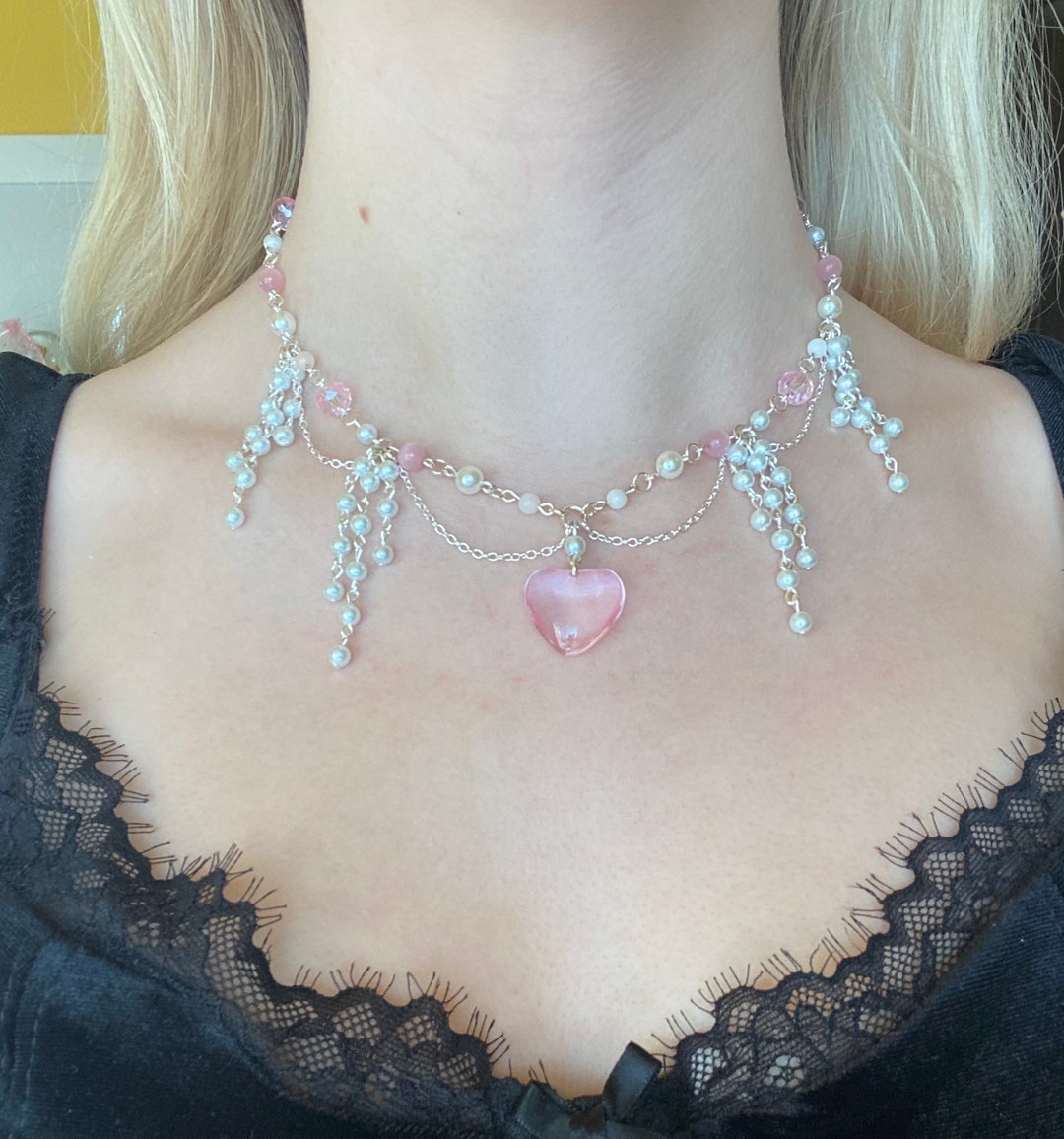 【VVV】Highteen Double Heart Pink Beads Chain Necklace VVV】Highteen Double Heart Pink Beads Chain Necklace (VVV