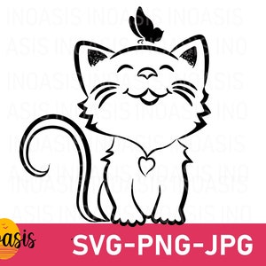 Butterfly Sitting On Cute Cat SVG Cut File, Cute Cat With Butterfly Outline Vector, Kitty Clipart.