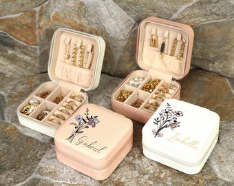 Birth Flower Travel Jewelry Case, Custom jewelry Box, Christmas Gift, Floral Jewelry Case, Personalized Birth Flower Jewelry Box,Mom Gift
