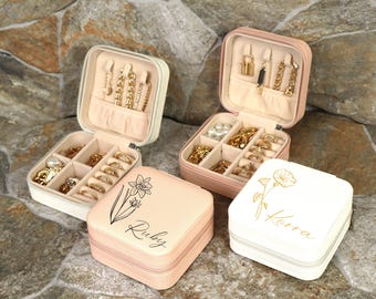 Travel Jewelry Box,Birth Month Flower Gift, Personalized Birthday Gift, bridesmaid gifts box,Leather Jewelry Travel Case,Custom Jewelry Case