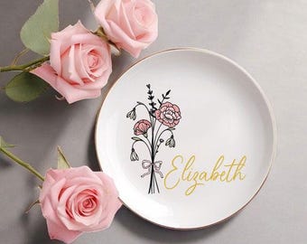 Personalized Birth Flower Trinket Dish,Birth Flower Jewelry Dish,Custom Name Ring Dish,Bridesmaid Gifts, Mothers Day Gifts,Wedding Ring Dish