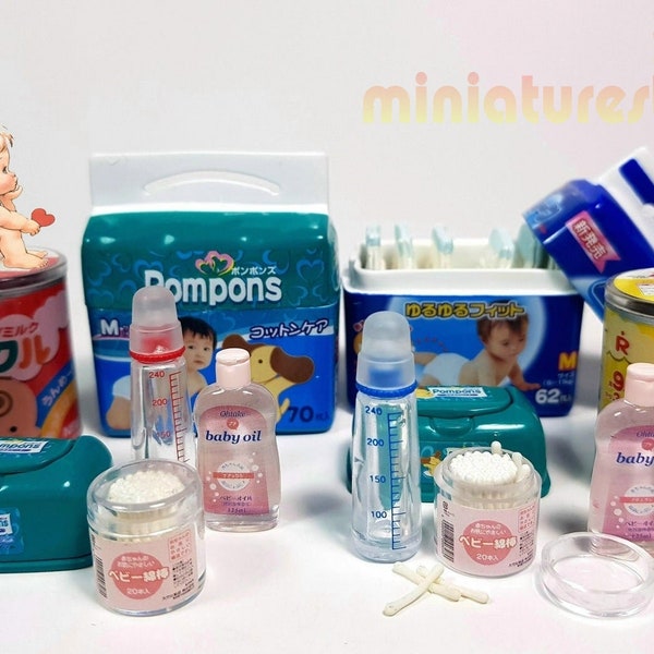 Re-Ment Dollhouse Miniature Loving Family Pañales para bebés, leche en polvo, pañuelos, biberón de leche y otros accesorios