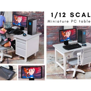 SALE 1:12 Scale Dollhouse Miniature Furniture PC Gaming Computer set Work/ Office Desk/ Table and Chair, Monitor, Keyboard and Mouse