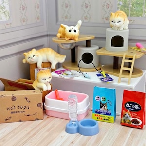 Könnte beinhalten: Ein Miniatur-Set mit orange-weißen Katzenfiguren, einem mehrstöckigen Kratzbaum mit Leiter, einem Pappkarton mit der Aufschrift cat toys, einer rosa Katzentoilette mit Schaufel, einem blauen Wasserspender und zwei Katzenfutterbeuteln mit Text.