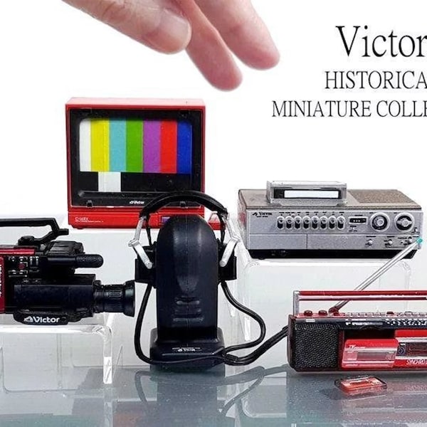 Victor Historical Music Miniature Collection - Tape Recorder, TV, Headphone, Double Cassette Tape, Video Cassette & Video camera.