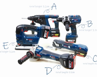 Bosch dollhouse miniature professional power tool series collection - saver saw, cordless impact driver, multi-box, vacuum cleaner & etc