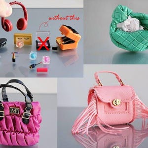 May include: A set of miniature purses and accessories, including a pink purse with fringe, a green quilted purse, a pink ruffled purse with black straps, and a set of miniature makeup items.