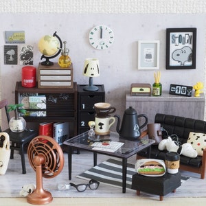 1/12 scale Re-ment Dollhouse Miniature Snoopy&#39;s MONO ROOM -Cabinet, Table, Chair, Stationery, Coffee set and etc