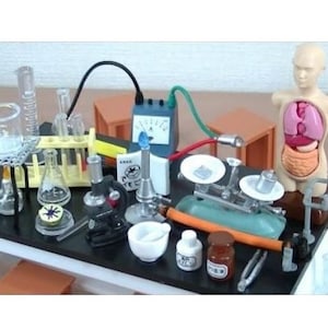 May include: A miniature science lab playset featuring a range of equipment, including beakers, test tubes, a microscope, a scale, a Bunsen burner, and a human anatomy model. The set is displayed on a black table with a white work surface.