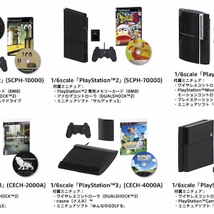 May include: A collection of 1/6 scale miniature PlayStation consoles, each with a different model and accessories. The consoles are black and include controllers, memory cards, and games. The models include PlayStation 2, PlayStation 3, and PlayStation 4.