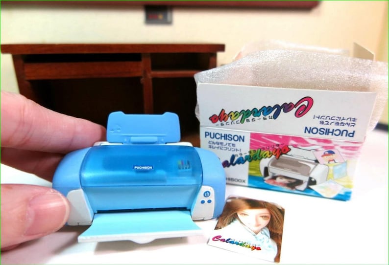 Op de afbeelding: Een blauwe en witte speelgoedprinter met een transparant plastic deksel. De printer is gelabeld met "Puchison" en heeft een open papierlade. De printer staat op een houten oppervlak. De doos voor de printer staat op de achtergrond en is gelabeld met "Calarday" en "Puchison".
