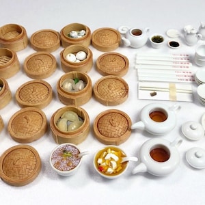 UITVERKOOP Poppenhuis Miniatuur Diorama Servies Accessoires Dim Sum-voedselfiguur met stomer en theeset