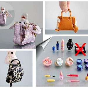 May include: A set of miniature purses, makeup, and accessories. The purses are pink, brown, and leopard print. The makeup includes eyeshadow palettes, lipstick, and blush. The accessories include perfume bottles and a hairbrush.