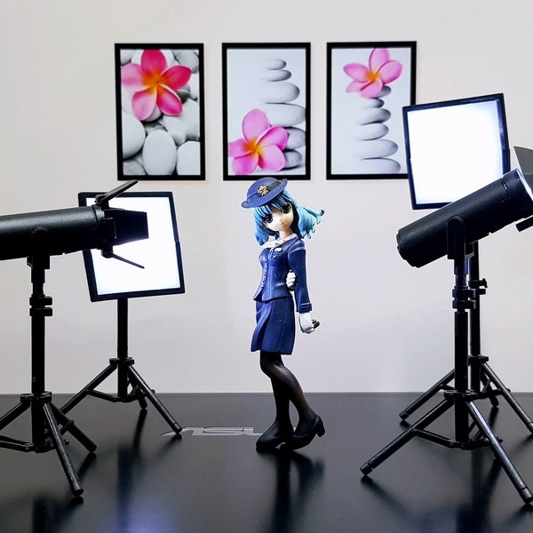 Dollhouse Miniature studio shooting lighting equipment Glowing softbox/ spotlight/ shining umbrella and background.