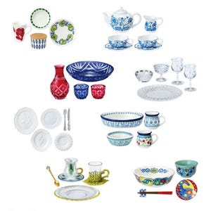May include: A collection of various ceramic and glass tableware items. Includes plates, bowls, cups, saucers, a teapot, and glasses. The items feature floral, geometric, and patterned designs in blue, red, green, and white.