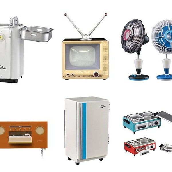 Dollhouse Miniature Home Appliance Retronics Showa 30's Toshiba/ Washing Machine/ Television/ Fan,Stereo/ Food heater/ Refrigerator