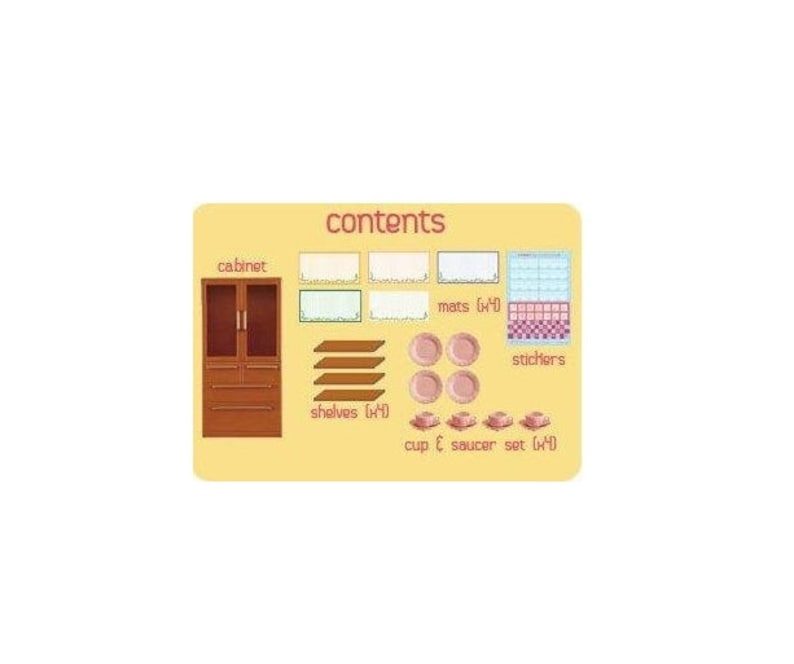 May include: A brown cabinet with shelves, a set of pink saucers, a cup, and mats with a checkered pattern. The image also includes stickers and the text "contents".