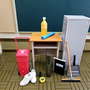 Bundle Sale Re-Ment Dollhouse Miniature High School Memories Cleaning tools, Desk, Sport Stopwatch Timer, Shoes & etc