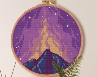 Mountain Cross Stitch Pattern, Nature Landscape Cross Stitch Pattern , Galaxy Easy Beginner Stitch , Simple XStitch Embroidery