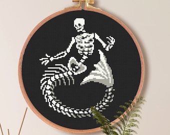 Skeleton Mermaid Cross Stitch Pattern | Goth Cross Stitch Pattern | Skull Cross Stitch Pattern | Easy Simple Cross Stitch Goth