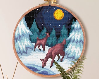 Christmas Deers Cross Stitch Pattern, Winter Forest Cross Stitch Pattern , Holiday Trees Easy Beginner Stitch , Animal Embroidery